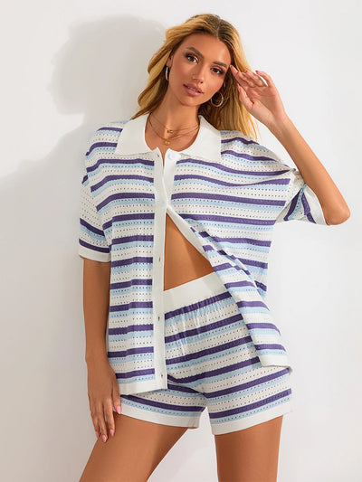 Women Pajamas Set 2 Pieces Loungewear Suits Summer Striped Contrast Color Button Crochet Knit Tops and Shorts Lounge Sets Beach