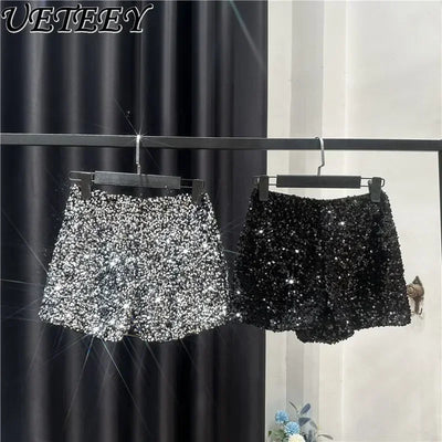 2025 New Summer Spring New Full Sequined Shiny Casual Shorts Heavy Zipper Nightclub Socialite Short Shorts Hot Pants for Women - Elanique