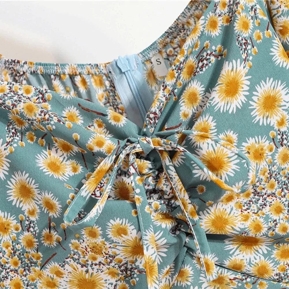Women Mini Dresses Summer Fashion Female Vestidos Print Floral Chiffon Dresses Shirring Pleated Short Puffy Sleeve Casual Dress