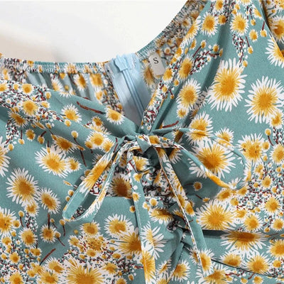 Women Mini Dresses Summer Fashion Female Vestidos Print Floral Chiffon Dresses Shirring Pleated Short Puffy Sleeve Casual Dress