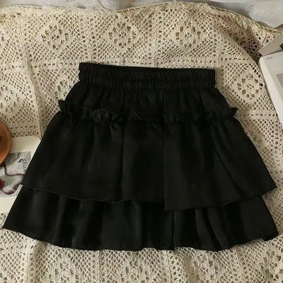 Pleated A-Line Skirt Women White Ruffle Sweet Tierred Pretty Style Skirt Elastic Waist Summer Slim Basic Korean Harajuku Dress