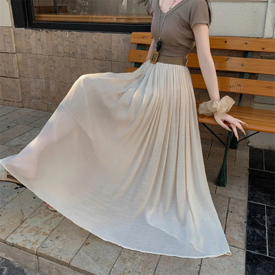 2025 New High Waisted Cotton Linen Pleated Midi Skirt – Summer Flowy A-Line Maxi Skirt for Women, Breathable & Elegant