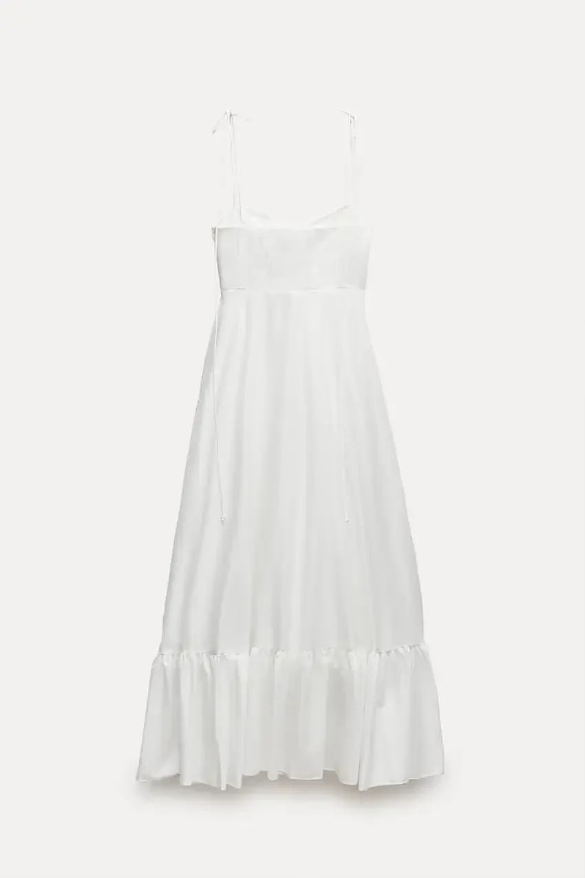 ZBZA Women's Tiered Poplin Dress Sweetheart Neckline Adjustable Bow Straps Sleeveless Camisole Midi Dress New Female Chic Dress