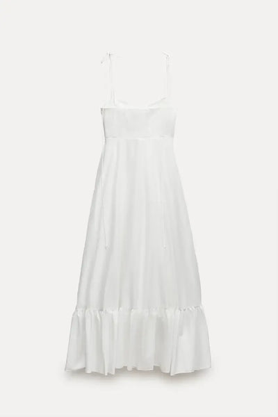 ZBZA Women's Tiered Poplin Dress Sweetheart Neckline Adjustable Bow Straps Sleeveless Camisole Midi Dress New Female Chic Dress