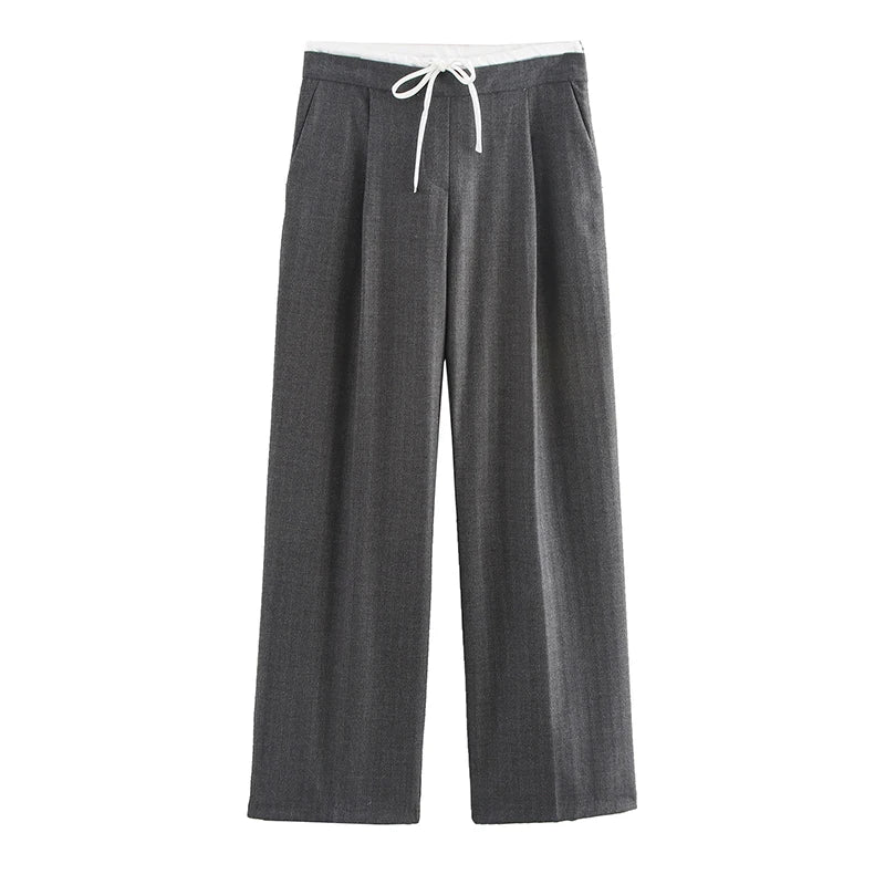 Wide Leg Pants For Women Straight Autumn Coffee Tie Up Casual Trousers Women Gray Loose Pants Ladies Black Trousers Office