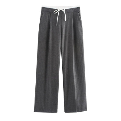 Wide Leg Pants For Women Straight Autumn Coffee Tie Up Casual Trousers Women Gray Loose Pants Ladies Black Trousers Office