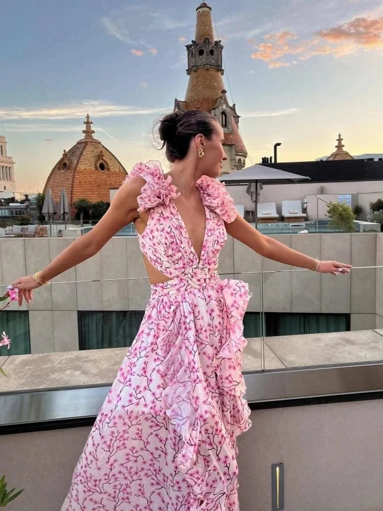 Summer Sleeveless Floral Dress for Women Deep V Neck Flower Print Backless Ruffles Long Dresses Beach Holiday Party Sundress