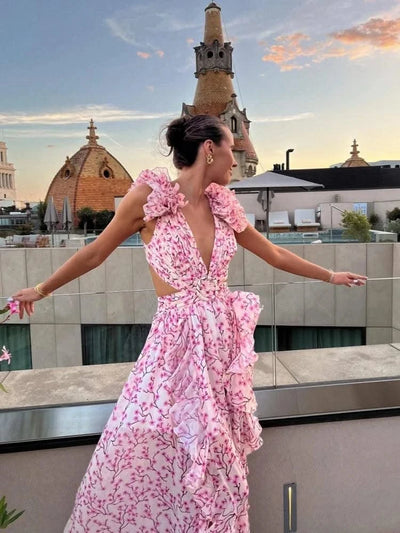 Summer Sleeveless Floral Dress for Women Deep V Neck Flower Print Backless Ruffles Long Dresses Beach Holiday Party Sundress