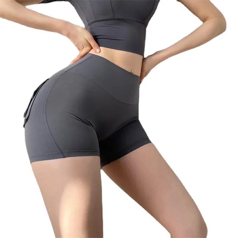 Shorts Women Solid Yoga Pants Pocket Button Short Pant Slim Fit Trousers Wrap Hip Splice Sporty High Waist Lady Summer
