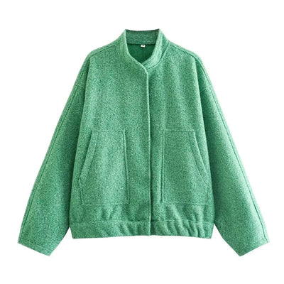 Woman's Oversized Bomber Jacket Autumn New Round Neck Long Sleeve Pocket Hidden Button Loose Jackets Coat Female Outerwear
