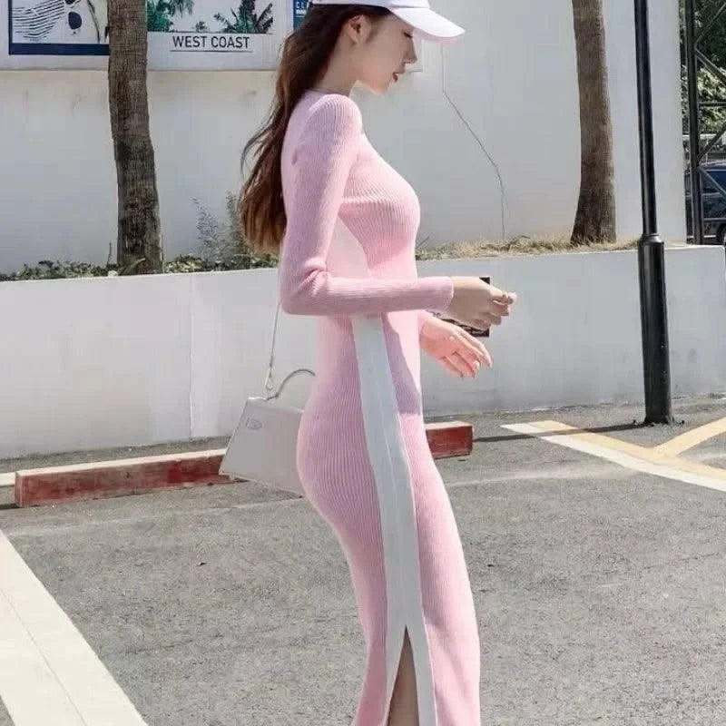 Pink Woman Dress Black Bodycon Maxi Knitted Robe Long Dresses for Women Evening Crochet Round Neck Clothes Sensual Sexy Hot Y2k