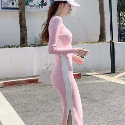 Pink Woman Dress Black Bodycon Maxi Knitted Robe Long Dresses for Women Evening Crochet Round Neck Clothes Sensual Sexy Hot Y2k