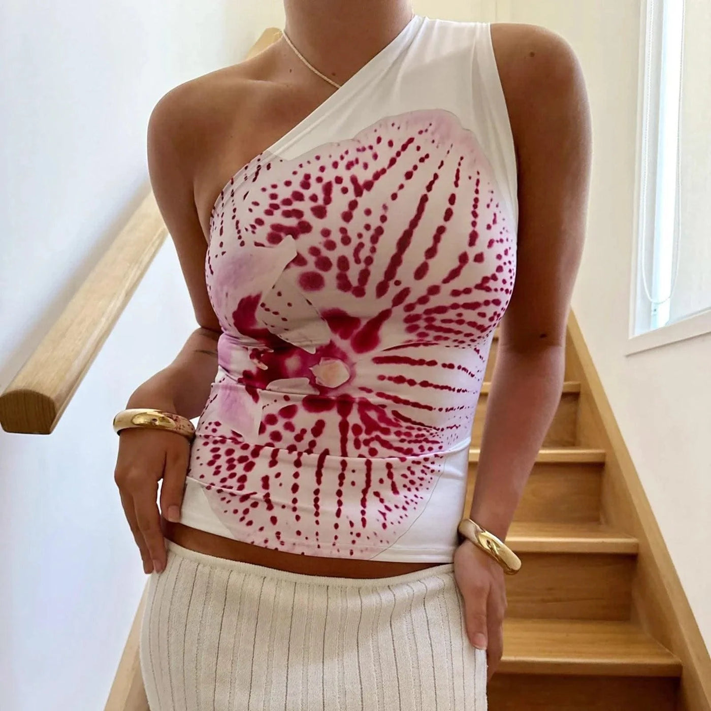Women's One Shoulder Tops Slim Flower Print Slash Neck Backless
