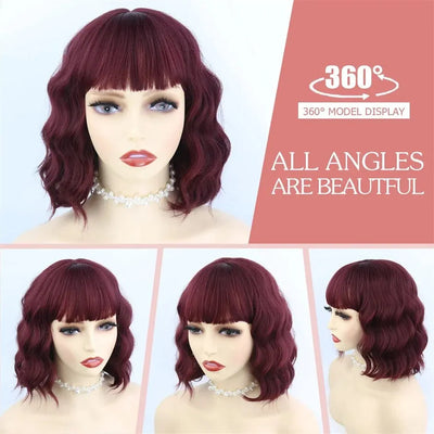 Short Wavy Bob Wigs with Bangs for Women Short Bob Curly Wig Synthetic Hair Wavy Wigs Heat Resistant Fiber Wig