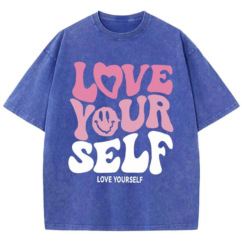 Women'S Cotton Washed T-Shirts Trend Distressed Loose Tees Love Your Self Letter Printing Short Sleeve Summer Female Clothes