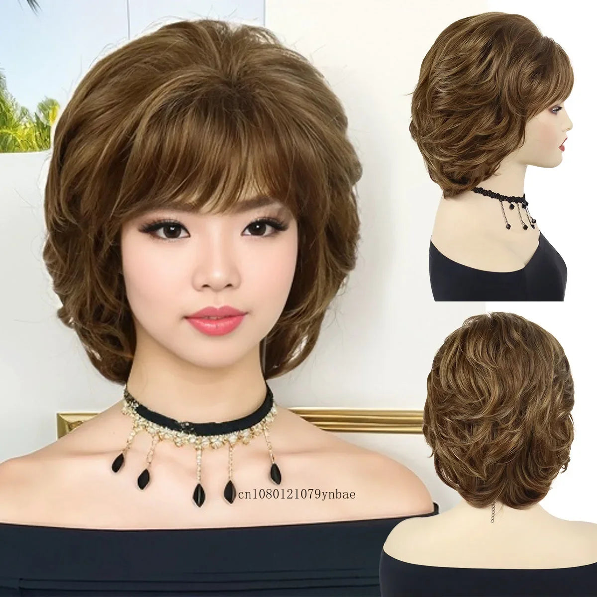 Womens Synthetic Hair Short Curly Brown Wigs Natural Looking Mommy Wig with Bangs Daily Costume Party Use High Temperature Fiber