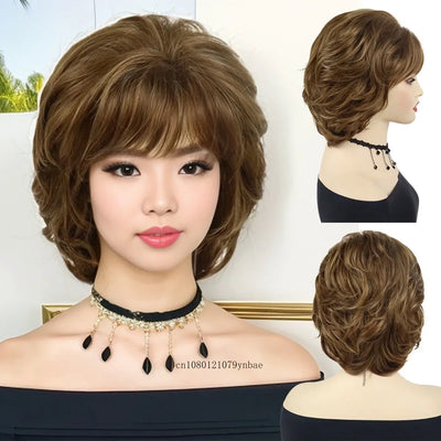 Womens Synthetic Hair Short Curly Brown Wigs Natural Looking Mommy Wig with Bangs Daily Costume Party Use High Temperature Fiber