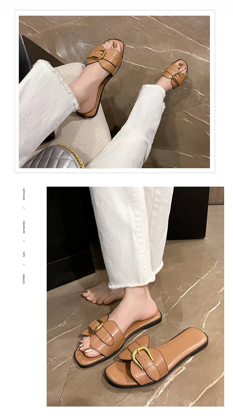 Summer Women Slippers Leather Square Toe Women Flats Flip Flops Designer Ladies Slides Sandals Women Shoes Luxury Sandals