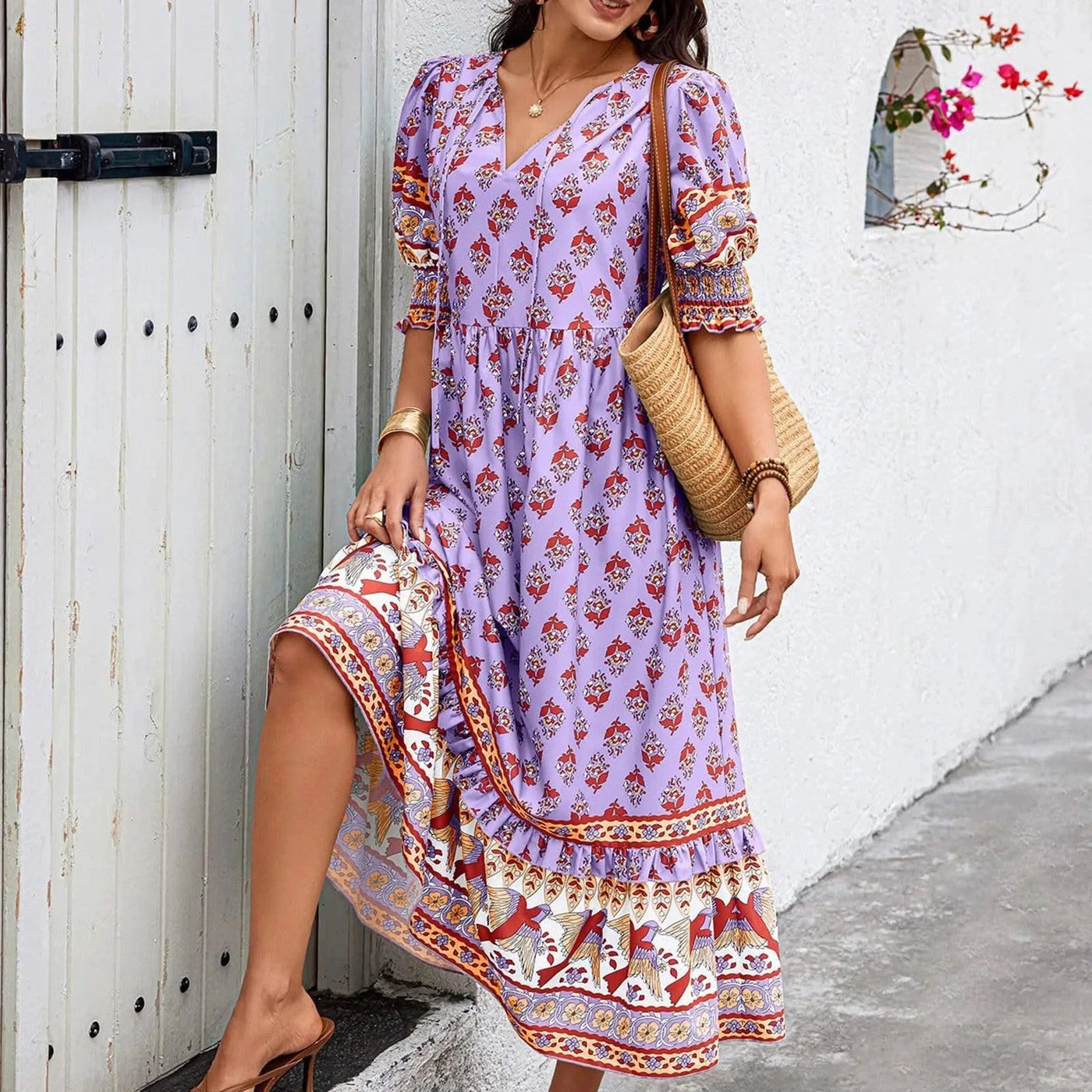 dresses for women Fashion summer Casual long dresses Bohemian V-Neck Printed High Waisted Big Swing Dress vestidos cortos