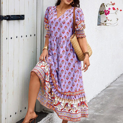 dresses for women Fashion summer Casual long dresses Bohemian V-Neck Printed High Waisted Big Swing Dress vestidos cortos