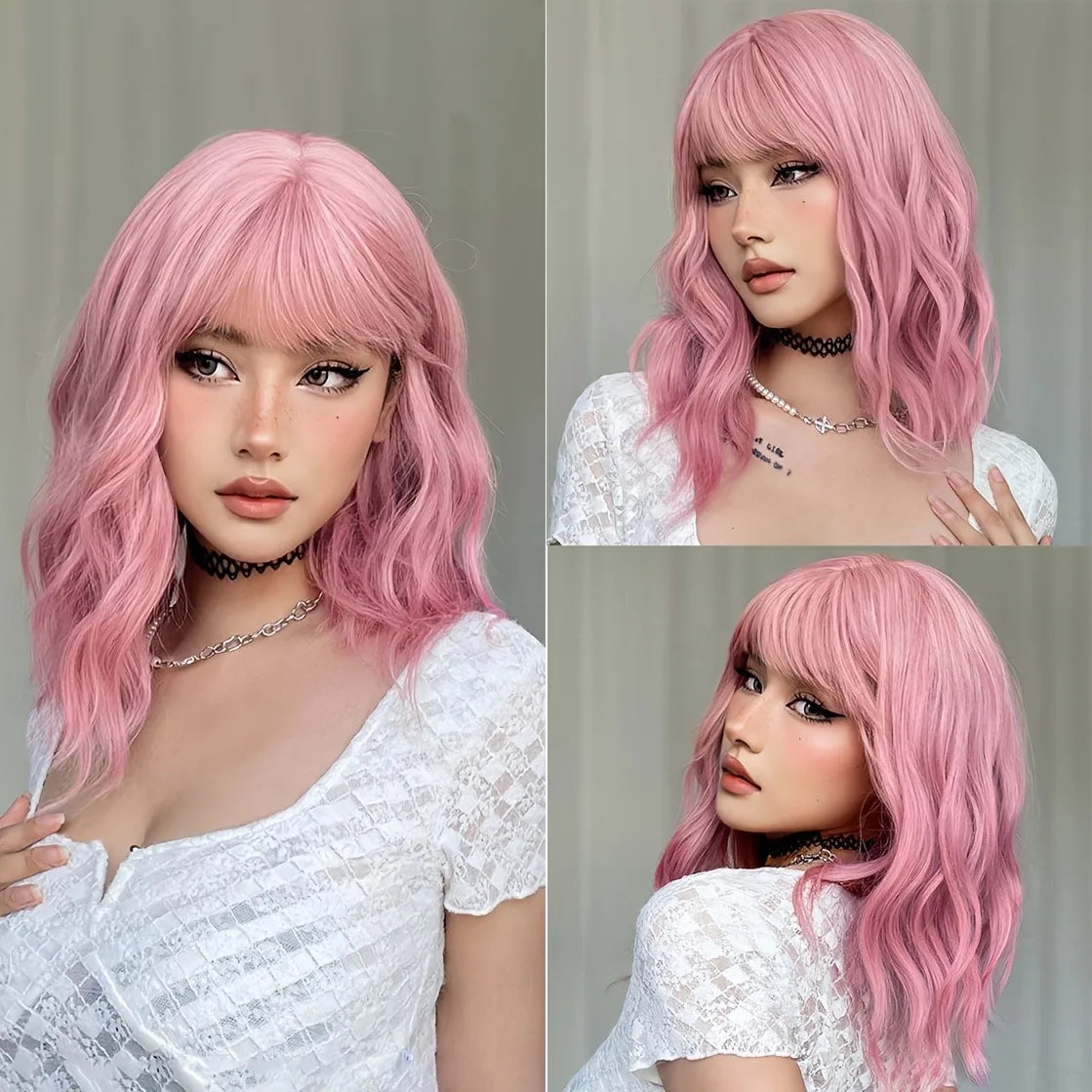 A fashionable 14-inch short curly pink wig with bangs for women - elegant wavy body style, heat-resistant synthetic hair, ideal