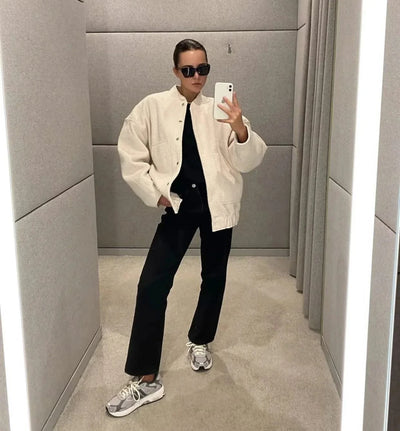 Woman's Oversized Bomber Jacket Autumn New Round Neck Long Sleeve Pocket Hidden Button Loose Jackets Coat Female Outerwear