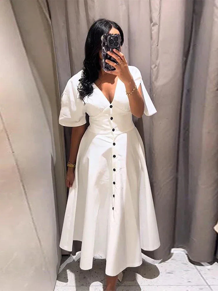 Women's Dress 2025 Summer Autumn New White Short Sleeve Buttons V Neck Midi Dress Casual Fashion Personality Versatile Vestidos