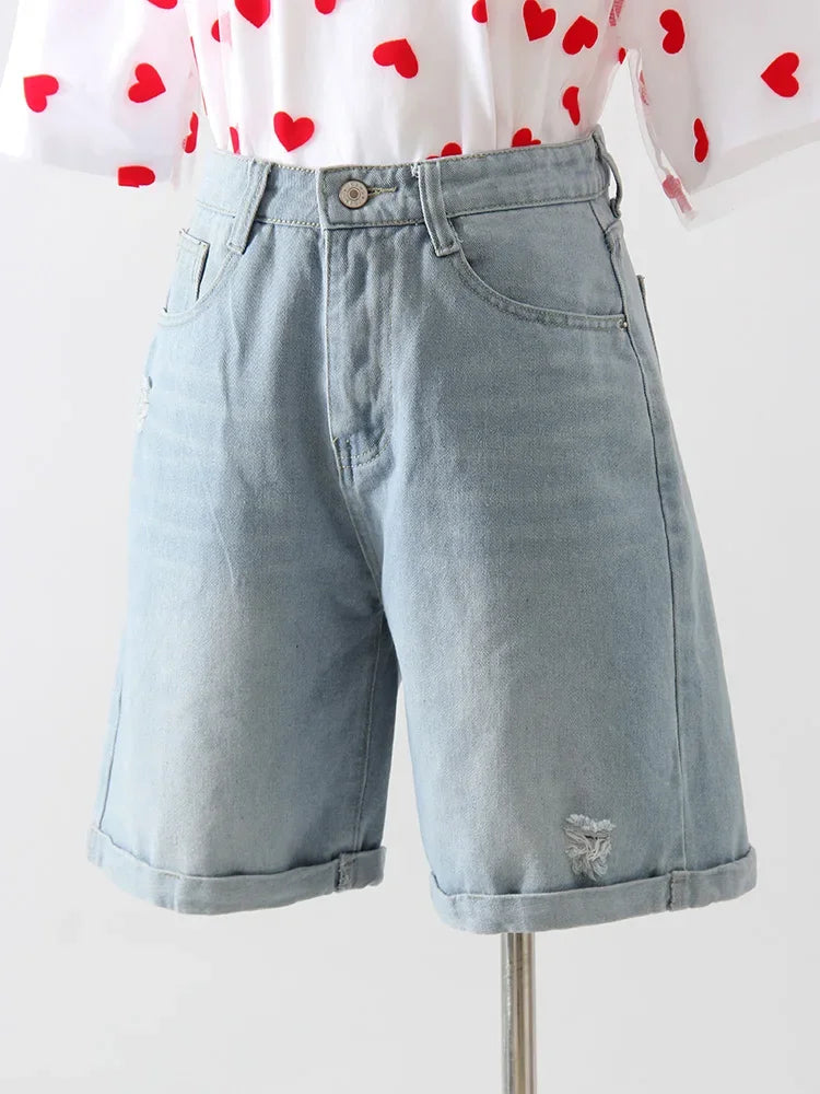 Women Denim Shorts Ripped Wide Leg Black High Waist Short Jeans Straight Leg Blue Denim Shorts For Women Summer Jean Shorts