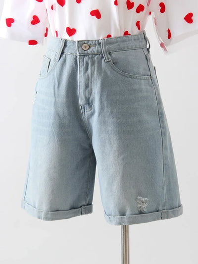 Women Denim Shorts Ripped Wide Leg Black High Waist Short Jeans Straight Leg Blue Denim Shorts For Women Summer Jean Shorts