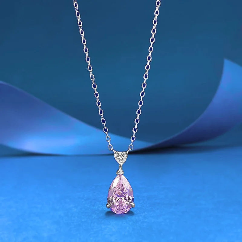 Goldenway Luxury Minimalism 925 Silver Pink Sapphire Teardrop Pendant Chain Necklace Sapphire Solitaire High Fine Jewelry Custom