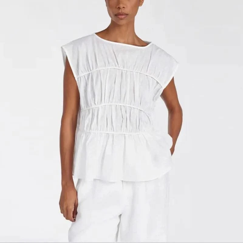 Women Cotton Linen Sleeveless Blouse Round Neck Pleated Top 2025 Spring Summer New Lady O-Neck Solid Color Shirt