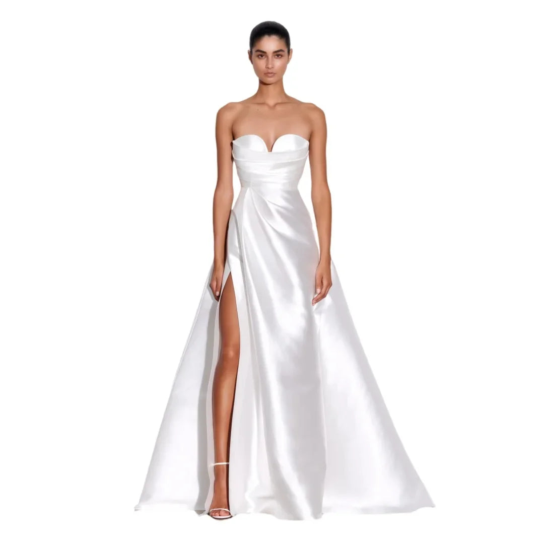 Satin Off shoulder Bride Wedding Dress White High Slit Ball Gown Sweetheart Sleeveless Ivory White Garden Beach Wedding