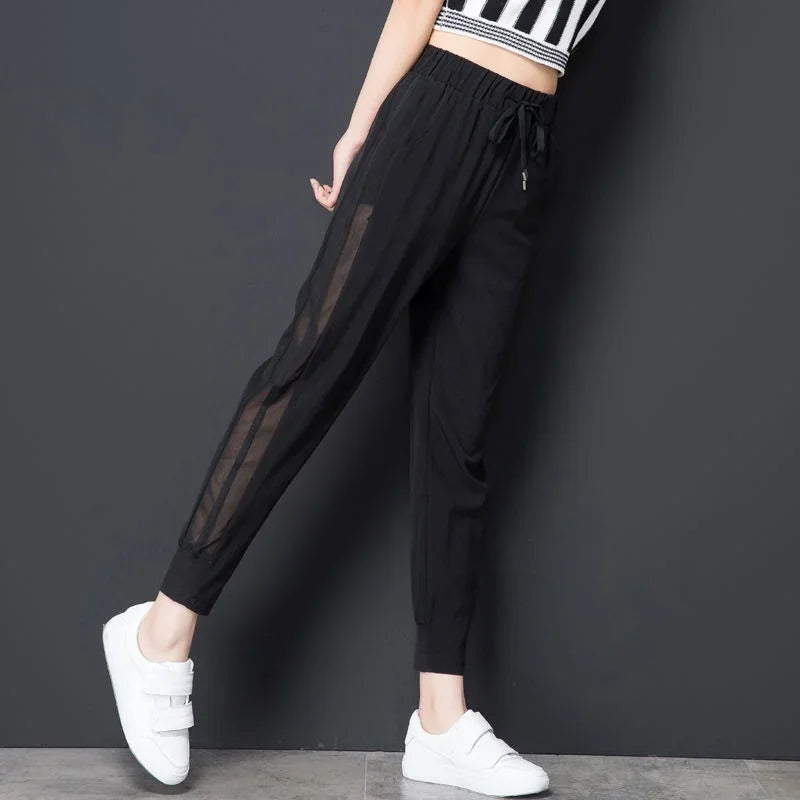 Ice Silk Summer Sweat Home Sports Pants for Women Joggers Jogging Black Cropped Trousers Harem Sarouel Sweatpants Ripped Fashion