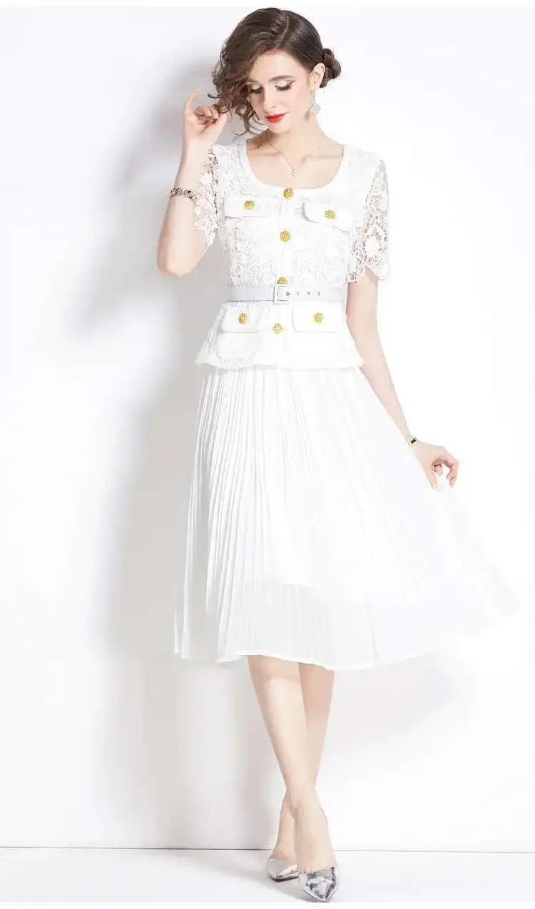 Luxury Evening Dress Women Summer Vacation Short Sleeve Pleated Lace Chiffon Long Dresses White Single Breasted Midi Party Robe