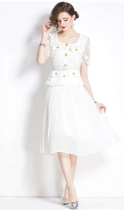 Luxury Evening Dress Women Summer Vacation Short Sleeve Pleated Lace Chiffon Long Dresses White Single Breasted Midi Party Robe