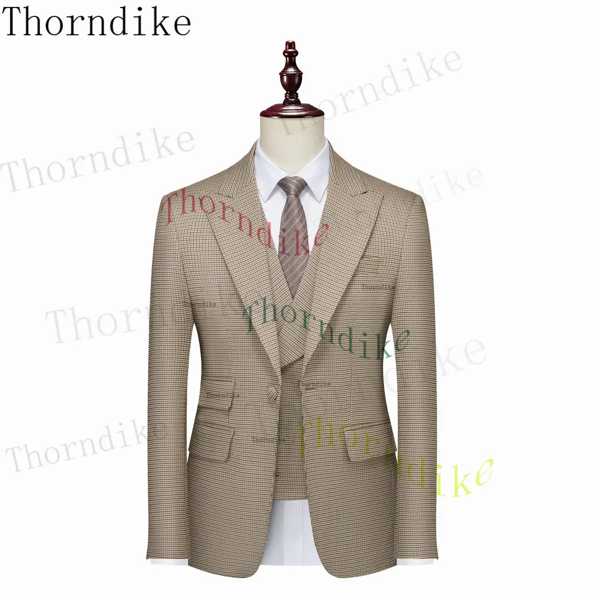 Thorndike Hot Sell Khaki Plaid Custom Made Classic Groom Tuxedo Groomsmen Best Man Suit Wedding Men's Blazer+Vest+Pants Costume