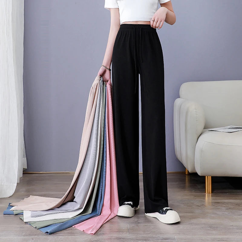 New Women Ankle-Length Wide Leg Pants Casual Summer Solid Elastic Waist Loose Ice Silk Pants Spring Summer Female Trousers