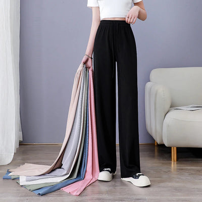 New Women Ankle-Length Wide Leg Pants Casual Summer Solid Elastic Waist Loose Ice Silk Pants Spring Summer Female Trousers