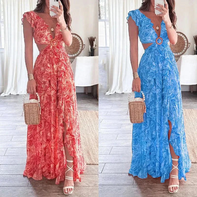 2025 Dress For Women Spring New Printed Deep V Sexy Exposed Waist Hollow Pleated Slit Long Dress Elegant Birthday Party Vestidos - Elanique