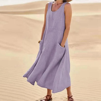 Cotton Linen Sleeveless Dress for Women Summer Pullover Skirt Vestidos Fashion Female Clothing Short Sleeved Loose Long Dress