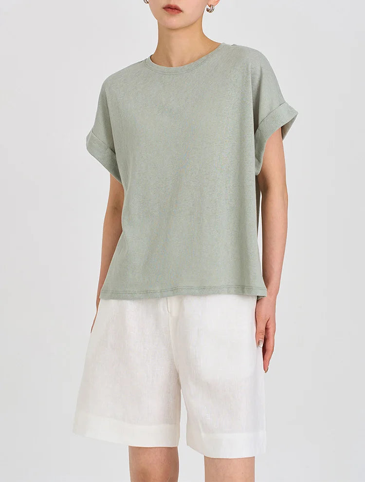 Summer Women Cotton Linen T-shirt Round Neck Thin Short-sleeved Transparent Loose Bottoming T-shirts Tops