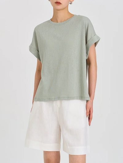 Summer Women Cotton Linen T-shirt Round Neck Thin Short-sleeved Transparent Loose Bottoming T-shirts Tops