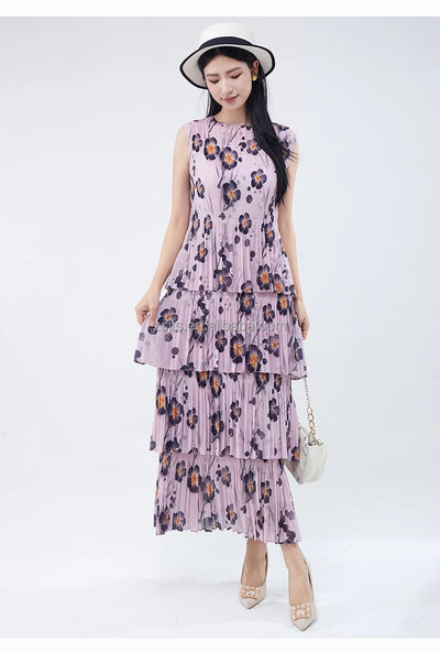 Women Dresses For Summer 2025 Miyake Pleated Dress Summer Fashion Holiday Style Printed Stretch Cake Dress