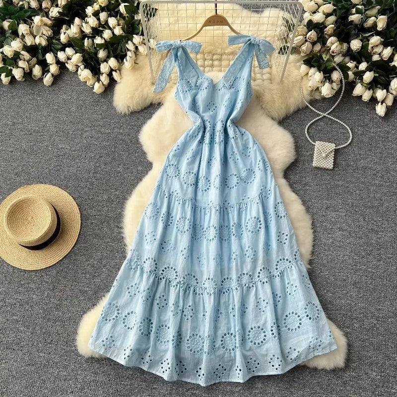 French Vintage Hollow Out Embroidery Butterfly Bow Bandage Slip Dress A-line Chic Casual Beach Vacation Women Summer Dresses