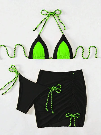 2025 Black Halter String 3 Piece Bikini Swimsuit Women
