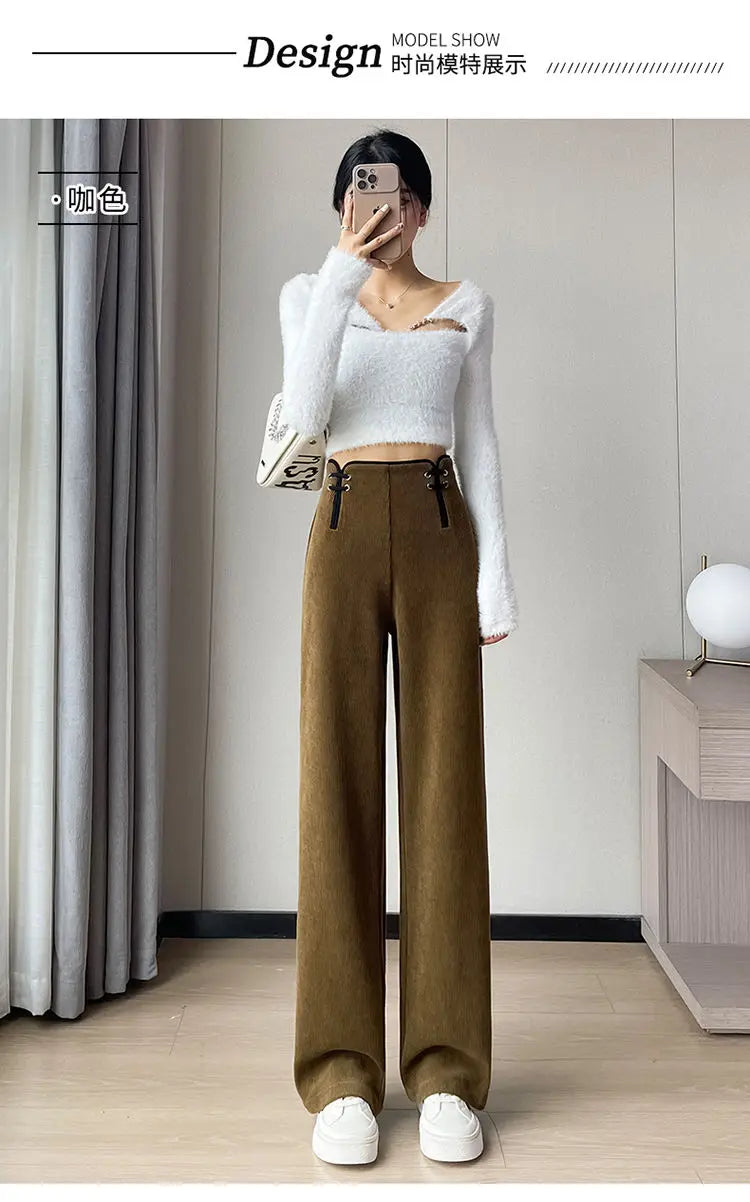 Women's Wide-leg Pants Autumn Winter Trousers New Chinese Style Folding High Waist Drooping Casual