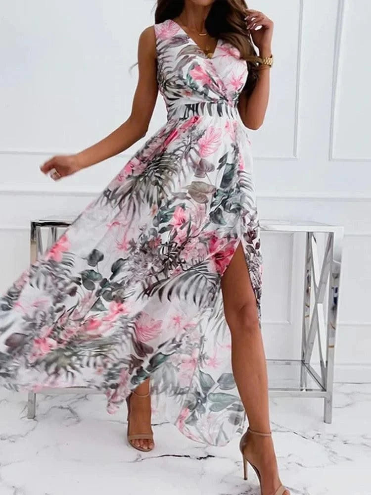 Summer Women Dress Floral Print Fashion Slim V-Neck Tie-Up Backless Chiffon Sexy Sleeveless Slit Maxi Cover-Ups Robe Beach Dress