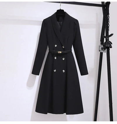 Women's Dress Double Breasted Elegant Dresses for Women 2025 Autumn Off white Dress Belt Knee-Length Solid Fashion Woman Clothes