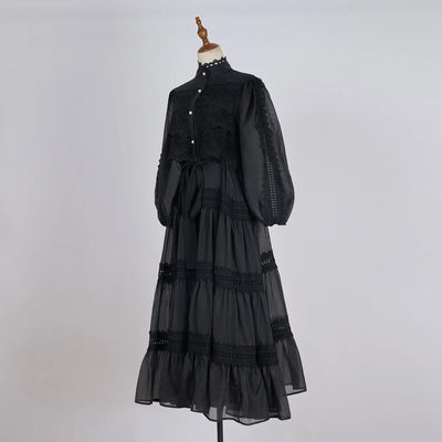Luxury Long Dresses Women 2025 Spring Summer Embroidery Ruffle Lace Pearl Hollow Out Party Midi Dress Shirt Full Sleeve Vestidos