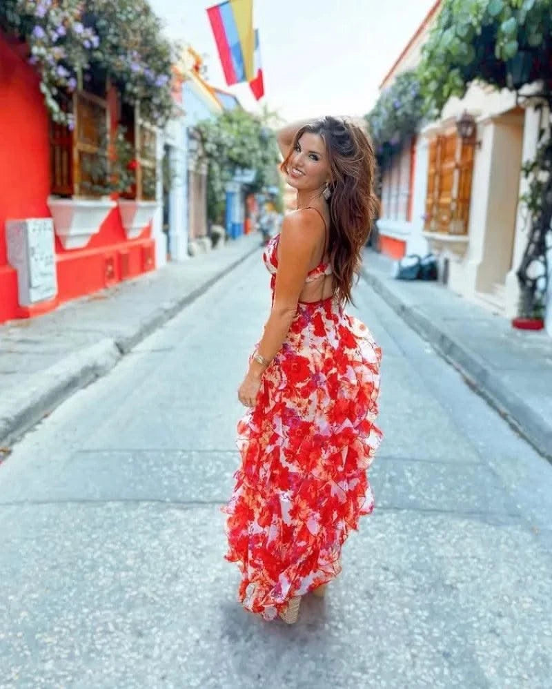 Summer Women Floral Print Party Dress Elegant New Fashion Strap V Neck High Waist Halter Corset Ruffle Evening Long Dress Robe